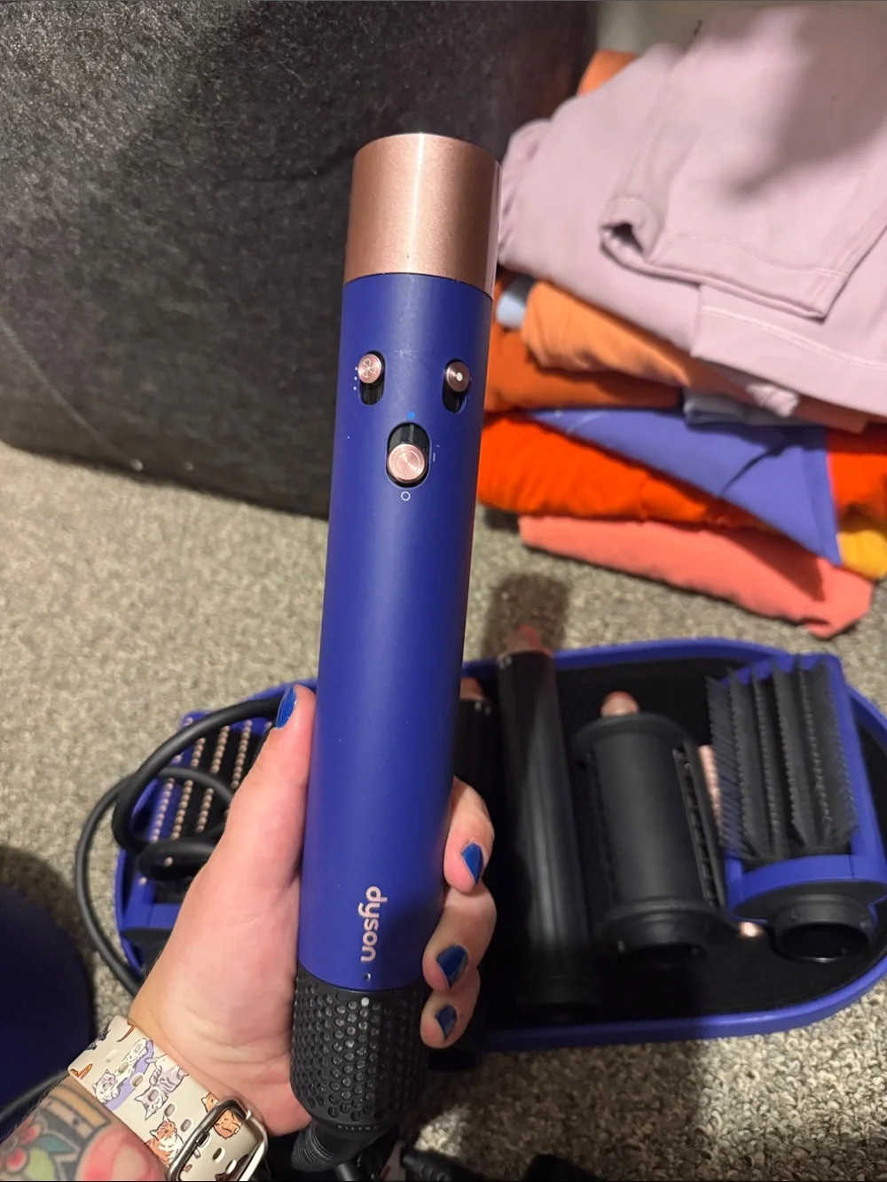 Dyson cobalt blue Airwrap set with rose-gold accents
